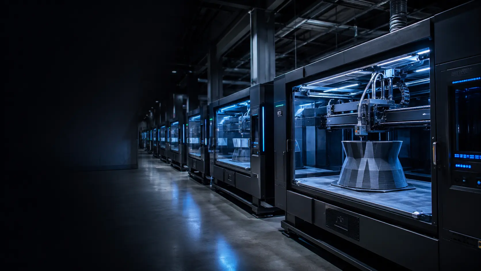 Ferme d'imprimantes 3D industrielles en production